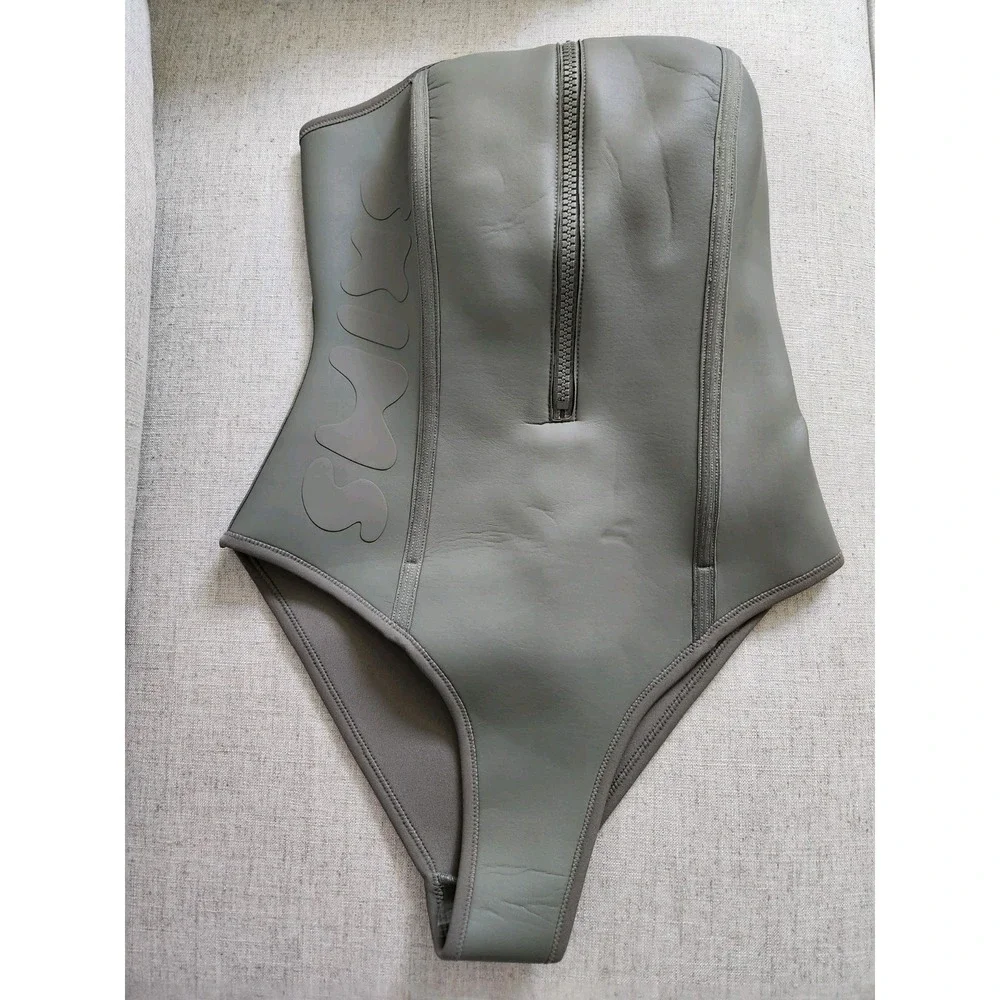 New Rare Skims Rubberized Scuba Swim Strapless One Piece Swimsuit Medium Gray